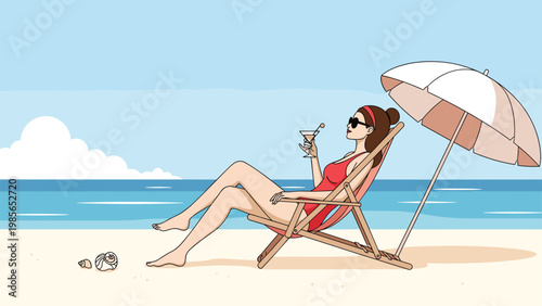 Relaxed woman in a red swimsuit sitting on a beach chair under an umbrella while enjoying a cocktail by the calm blue ocean.