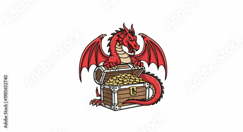 Fierce red dragon guards overflowing treasure chest of gold coins