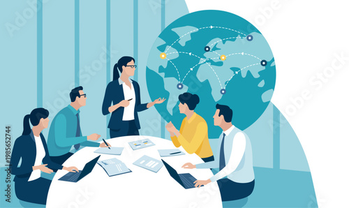 Teamwork. Successful global business strategy. The team discusses sitting in front of the globe. Business vector illustration template. 