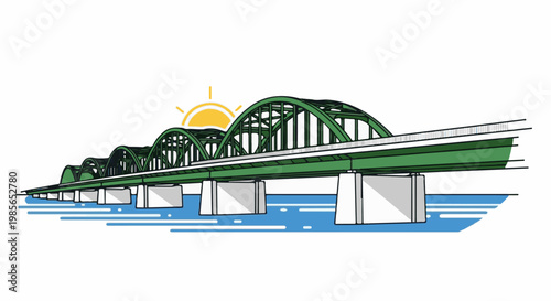 Green arched bridge spans blue water under a bright yellow sun