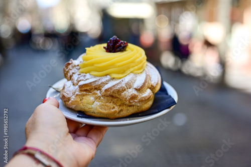 Zeppola.Traditional Italian dessert, pastries iin Naples , Italy.Typical Neapolitan pastry product