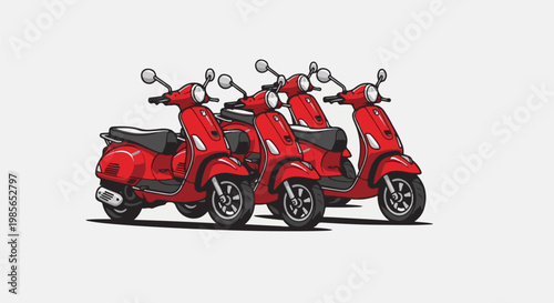 Four identical red scooters lined up on a white background