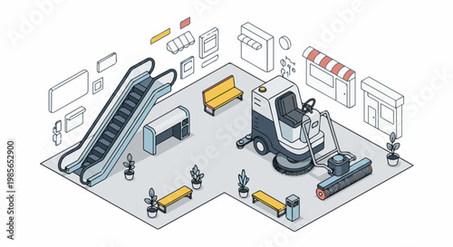 Isometric illustration of a public space with cleaning machine and escalator