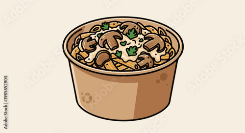 Hearty mushroom pasta dish in a disposable brown container, garnished with parsley