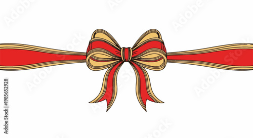 Festive red and gold bow with flowing ribbon tails on white background