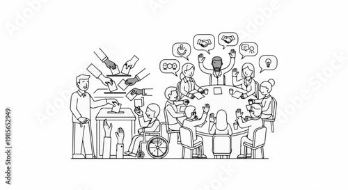 People vote and engage in discussion at a meeting table