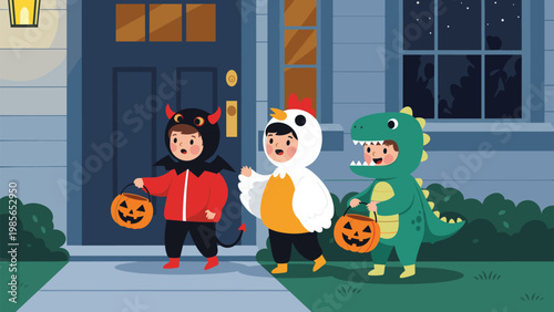 Adorable children dressed in colorful devil, chicken, and dinosaur costumes holding pumpkin buckets while trick or treating on Halloween night.