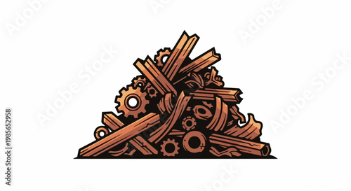 Pile of scrap metal and wooden planks with gears and mechanical parts