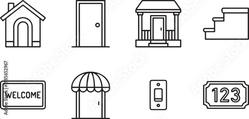Minimalist real estate line icons, house entrance and doorway vector set, 8 architectural building elements for web design and property apps