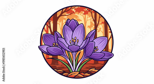 Purple crocus flowers bloom among trees and autumn leaves in a circle