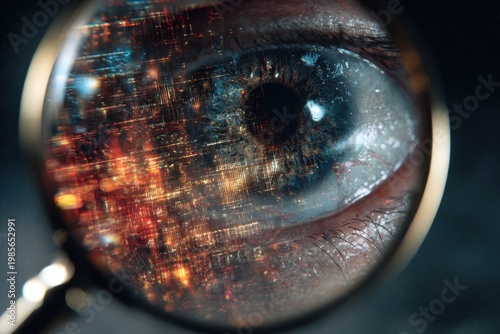 Magnifying glass focusing on human eye with digital data