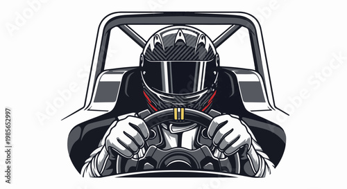 Racer wearing helmet and gloves grips steering wheel inside a cockpit