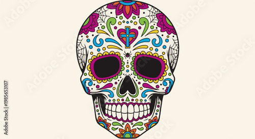 Colorful skull decorated with floral patterns and a spider