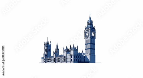 Stylized blue pixel art of a famous clock tower and adjacent gothic-style buildings