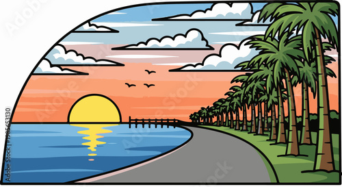 Coastal road lined with palm trees at sunset over the ocean