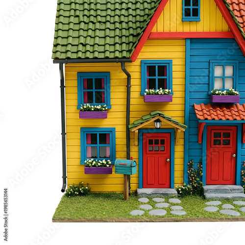 Colorful model house with bright yellow and blue exterior