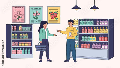 Professional shop assistant helping a female customer choose beauty products in a modern store filled with various hygiene and soap bottles.