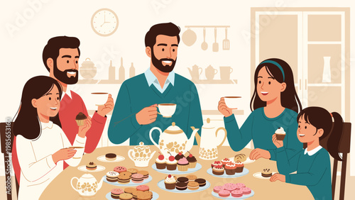 Happy family and friends gathered around a large dining table in a cozy kitchen enjoying tea, cupcakes, and a variety of sweet treats together.