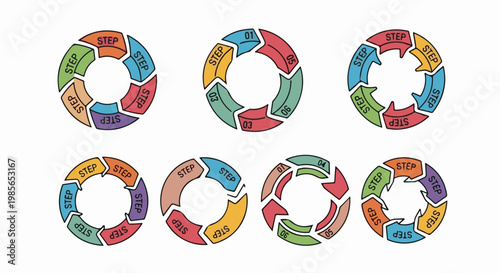 Circular diagrams depicting sequential steps or processes in a process flow