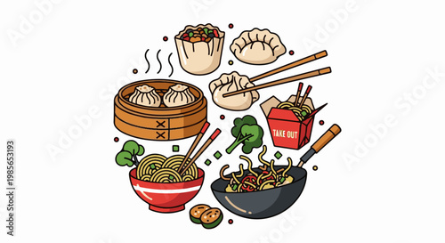 Cartoon style illustration of Asian food and cuisine items