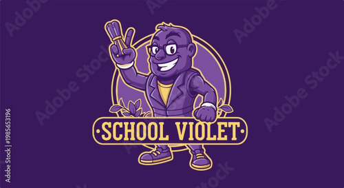 Cheerful purple character with glasses and diploma on purple background