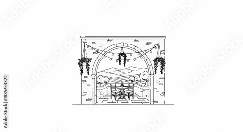 Archway frames outdoor dining with distant hills and hanging plants