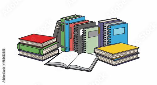 An array of colorful books and notebooks are stacked and open, ready for reading