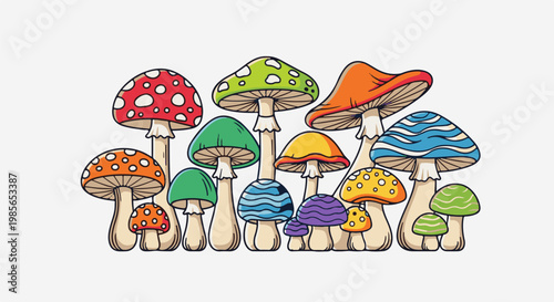 A whimsical grouping of vibrant, cartoon-style mushrooms in various colors and patterns