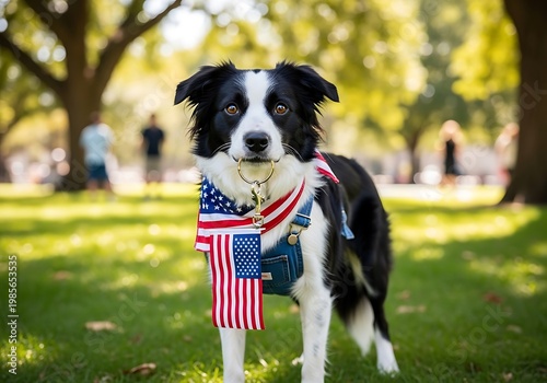 Border Collie Dog with American Flag Bandana Standing in Park, Patriotic Pet Outdoor Portrait