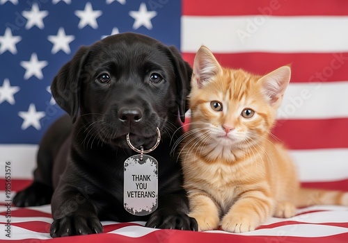 Dog and Cat with Thank You Veterans Tag on American Flag Background, Patriotic Animals Tribute Concept