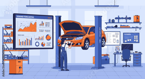 Mechanic Inspecting Orange Car Uplifted.