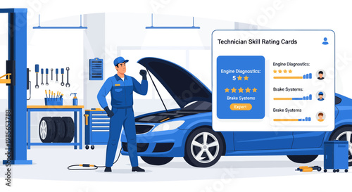 Mechanic standing next to blue car 1.