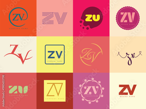 ZV logo company template. Letter z and v logotype. Set different classic serif lettering and modern bold text with design elements. Initial font typography.