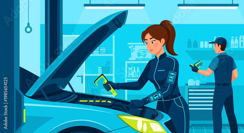 Mechanic woman working on car 1.