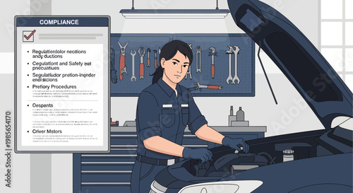 Mechanic woman working on car engine.