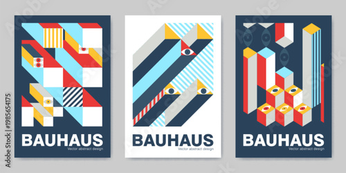 Swiss style posters with abstract geometric Bauhaus patterns. Vector realistic illustration of bold shapes, eyes and optical illusions, retro banner design with square elements, modern graphic art