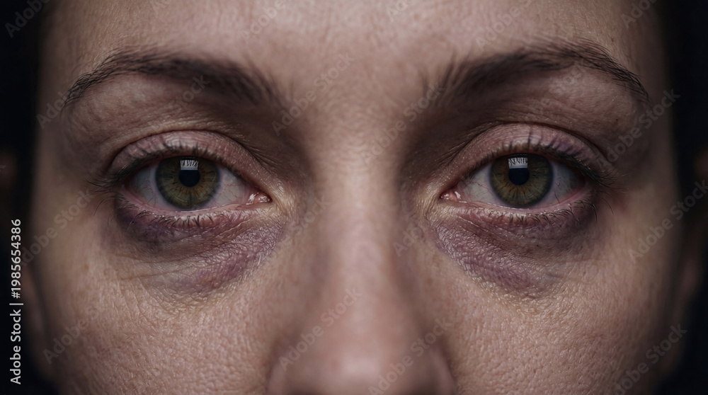 Fototapeta premium Bruises and bags under the eyes of a tired woman concept. Close-up shot of a person reflecting deep emotional distress.