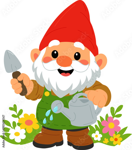 Cute garden gnome with watering can. Funny gardener character for spring garden design, kids illustration, stickers and nursery decor. Vector illustration isolated on white background.