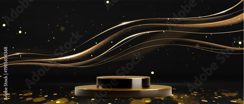 Elegant gold black podium with flowing golden lines and confetti, premium vector realistic background. Luxury 3d platform for award ceremony, product display, or cosmetic presentation showcase.