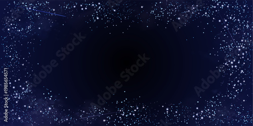 Starry night sky frame with glowing stars, cosmic dust, and blue nebula clouds, abstract vector background. Magical space atmosphere border, realistic sparkle effect and falling or flying meteor