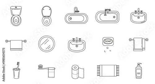 Collection of Bathroom Fixtures and Accessories Icons.