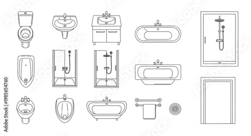 Collection of bathroom fixtures and elements line art.