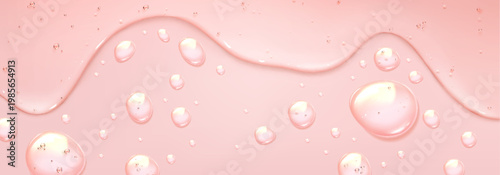Pink gel droplets, liquid oil border and water bubbles, vector fresh cosmetic background with realistic texture. Flowing acid serum or jelly collagen splash, skincare and beauty product design