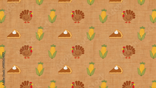 Cute Thanksgiving Seamless Pattern with Turkey Corn and Pumpkin Pie