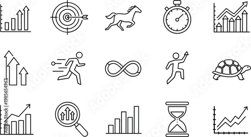 Business Growth and Time Management Icon Set Featuring Progress, Targets, Speed, and Data Analysis for Websites and Digital Media Designs