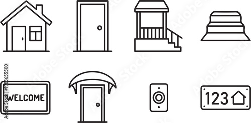 House entrance line icons set, residential doorway and porch vector elements, home exterior architectural symbols, 8 black outline icons