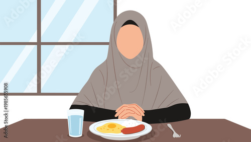 Young Muslim woman wearing a beige hijab sits at a table while waiting to start her breakfast of eggs, sausage, and rice with water.