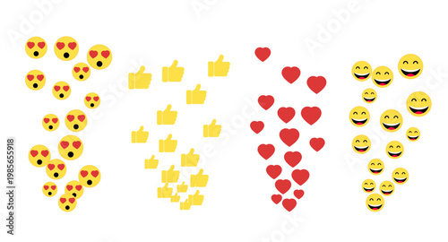 Social media like emotion icons, hearts and thumb up flying reactions, cartoon vector illustration isolated on white background. Livestream comment, network marketing, and digital content feedback