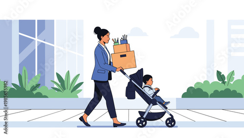 Determined working mother pushes a baby in a stroller while carrying cardboard boxes filled with office supplies through a city plaza.