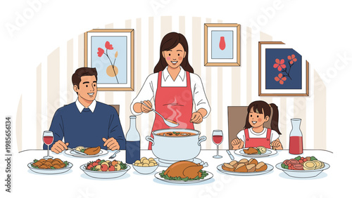 Happy family sitting at a dining table while a mother serves soup during a festive holiday meal with a turkey and various side dishes.